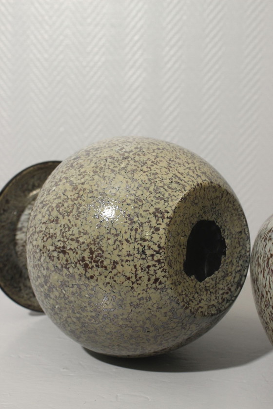 Image 1 of Paar Große Vasen Vintage Geblasenes Glas Gesprenkelt Irisiert