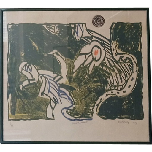 Lithographie eines wandernden Frosches von Pierre Alechinsky, 1979