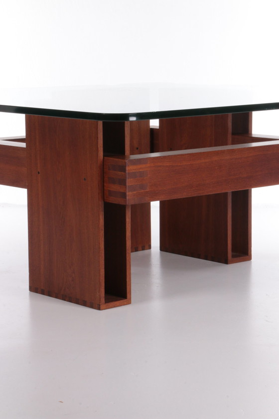 Image 1 of Französischer Brutalist Design Couchtisch aus Teakholz mit Glasplatte, 1970