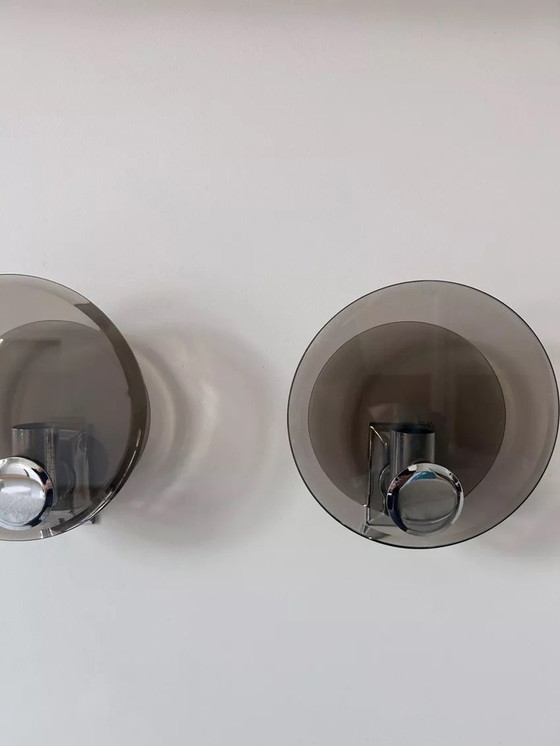 Image 1 of 2X Rauchglas Und Verchromtes Metall Wandleuchten, Frankreich 1970