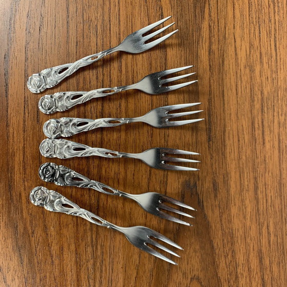 Image 1 of Set für 6 Personen Antikes Silber Metall Dessertlöffel und Gabeln, Blumenmotiv