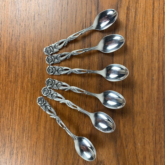 Image 1 of Set für 6 Personen Antikes Silber Metall Dessertlöffel und Gabeln, Blumenmotiv