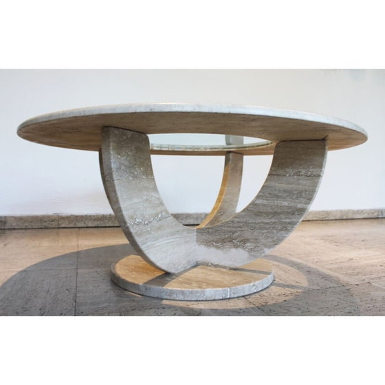 Image 1 of Runder Vintage-Couchtisch aus Travertin und Glas, Italien 1970