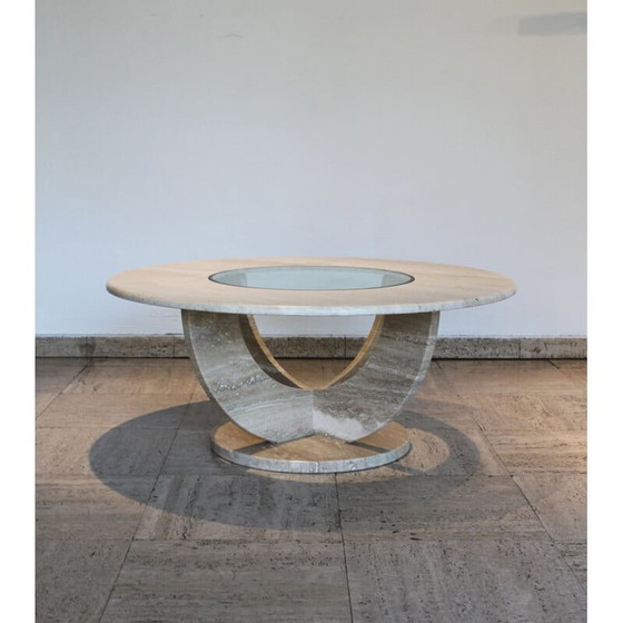 Image 1 of Runder Vintage-Couchtisch aus Travertin und Glas, Italien 1970