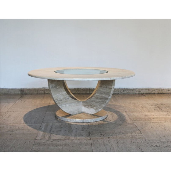 Image 1 of Runder Vintage-Couchtisch aus Travertin und Glas, Italien 1970