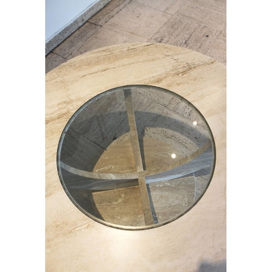 Image 1 of Runder Vintage-Couchtisch aus Travertin und Glas, Italien 1970