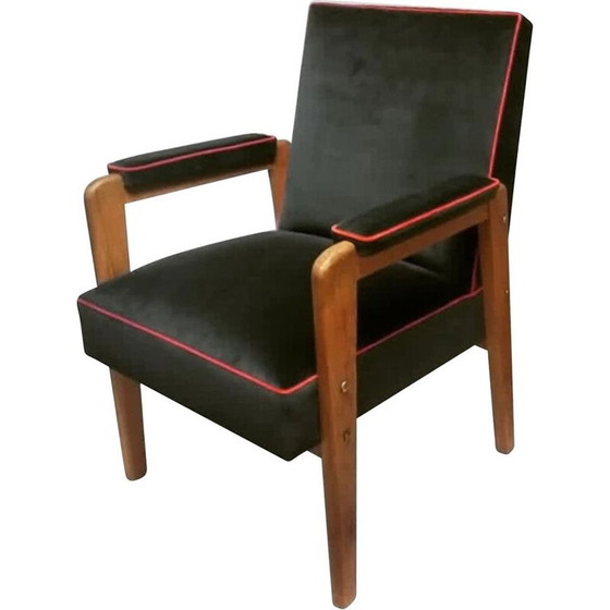Image 1 of Vintage-Sessel aus massiver Eiche mit grauem und korallenrotem Samtbezug von Marcel Gascoin