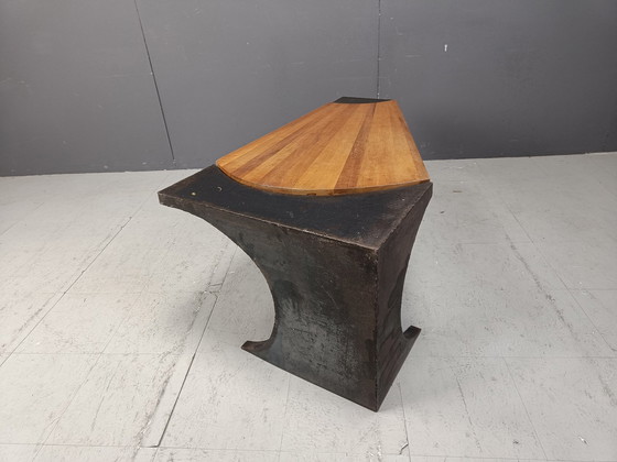 Image 1 of Brutalistischer Couchtisch aus Stahl und Holz, 1970er Jahre