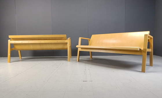 Image 1 of Mid Century Sperrholz Bänke in der Art von Alvar Aalto, 1960 - Satz von 2