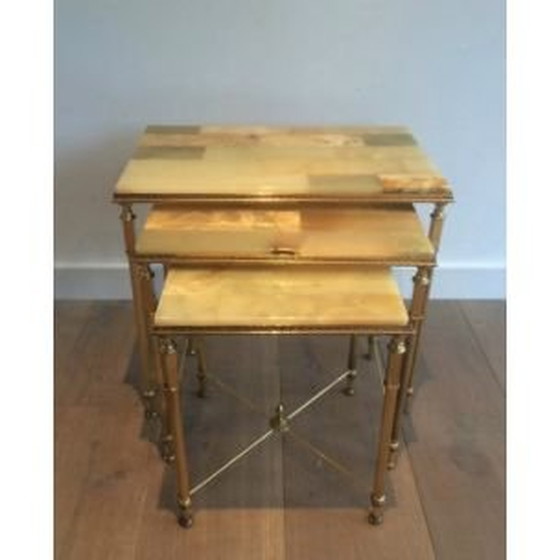 Image 1 of Satz von 3 Vintage-Nesting-Tische mit Onyx Tabletts 1940s