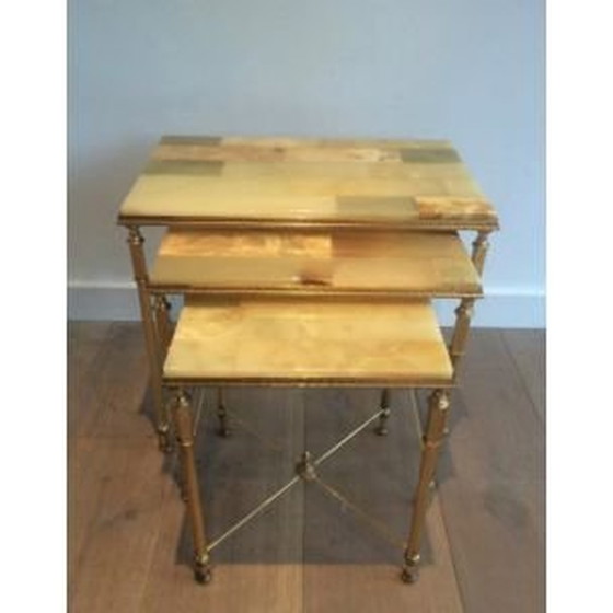 Image 1 of Satz von 3 Vintage-Nesting-Tische mit Onyx Tabletts 1940s