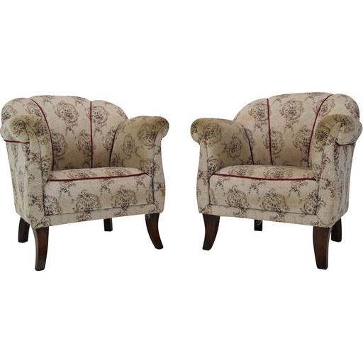 Paar Vintage-Sessel aus Stoff und Holz, Tschechoslowakei 1950