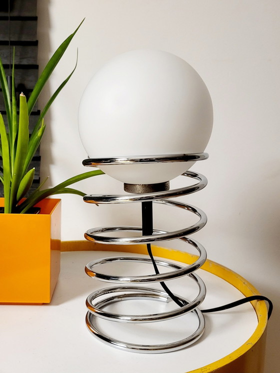 Image 1 of Vintage Spirale oder Frühling Lampe, Woja, Chrom und Opalglühbirne, Niederlande, 1970er