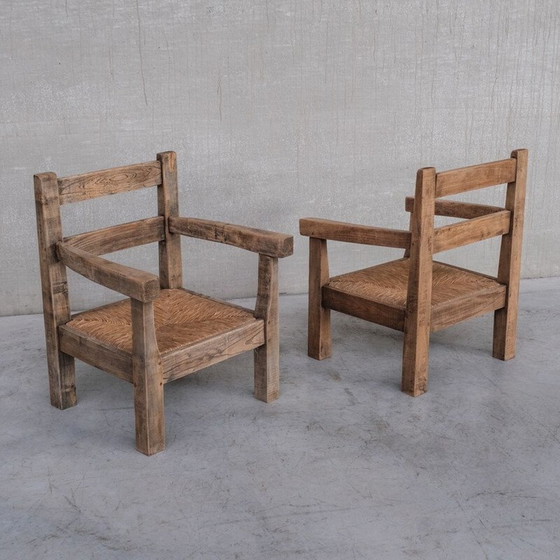 Image 1 of Paar Vintage-Sessel aus primitivem Eichenholz Binsen, Frankreich 1950