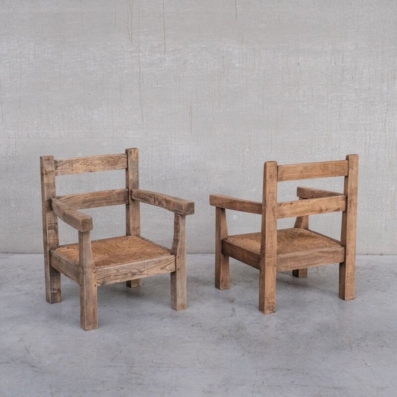Image 1 of Paar Vintage-Sessel aus primitivem Eichenholz Binsen, Frankreich 1950