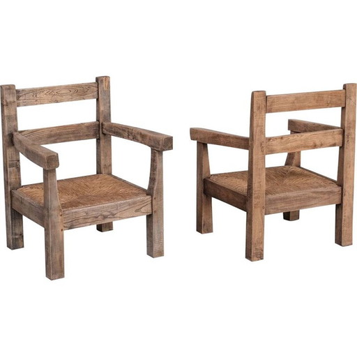 Paar Vintage-Sessel aus primitivem Eichenholz Binsen, Frankreich 1950