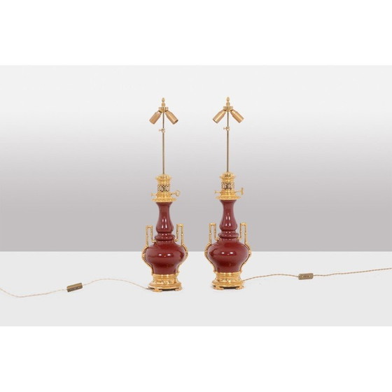 Image 1 of Paar alte Lampen aus Bronze und ochsenblutrotem Porzellan, 1880