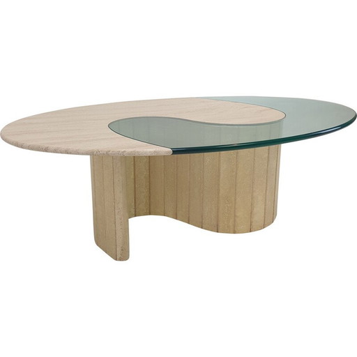 Italienischer Vintage Couchtisch aus Travertin und Glas, 1980er Jahre