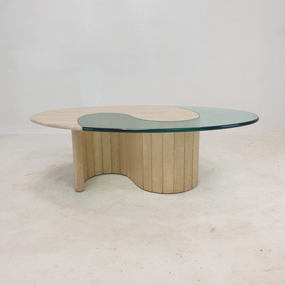 Image 1 of Italienischer Vintage Couchtisch aus Travertin und Glas, 1980er Jahre