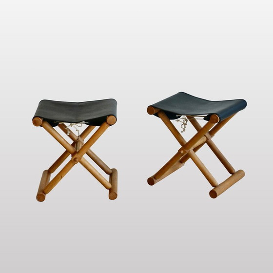 Image 1 of Paar Vintage-Hocker aus hellem Holz und Skai-Sitzen, Frankreich 1980