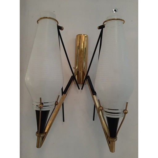 Paar alte Wandlampen mit gestreiftem Glas, Italien 1950