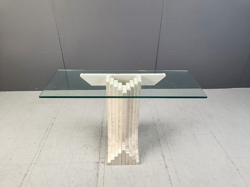 Vintage Travertin Konsolentisch in der Art von Carlo Scarpa , 1970S