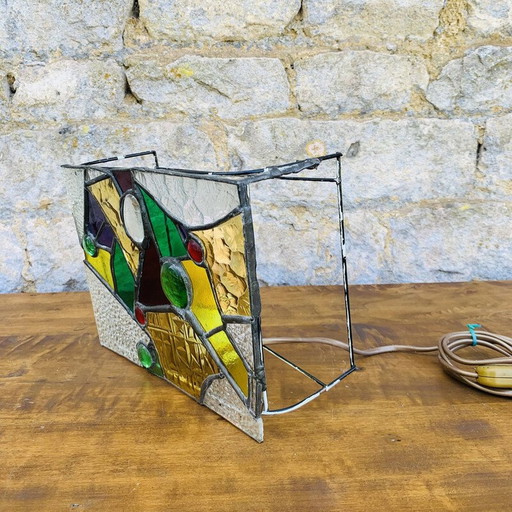 Vintage-Glasmalerei-Lampe, montiert in Zinn