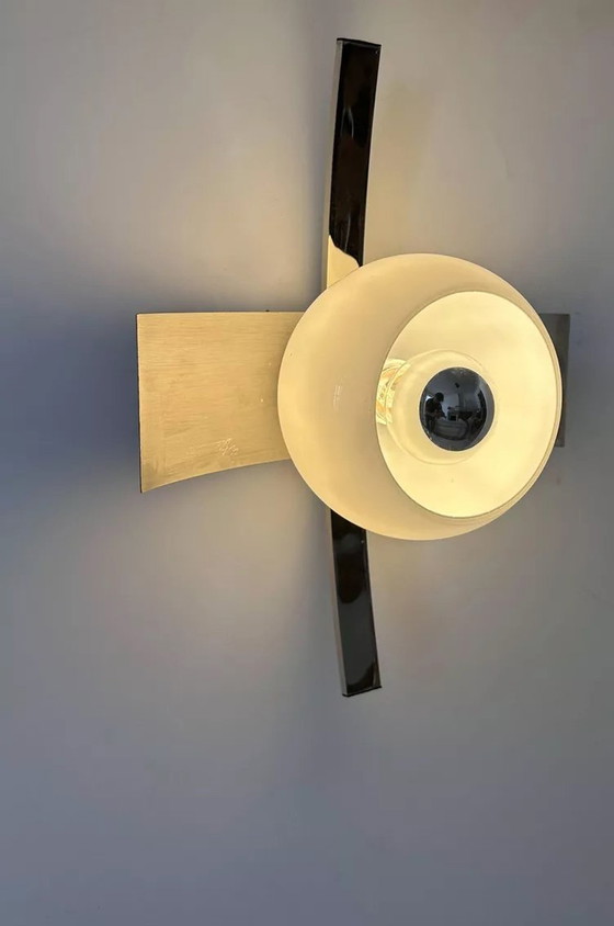 Image 1 of Vintage Wandleuchte, Gebürstetes Metall Chrom Und Opaline