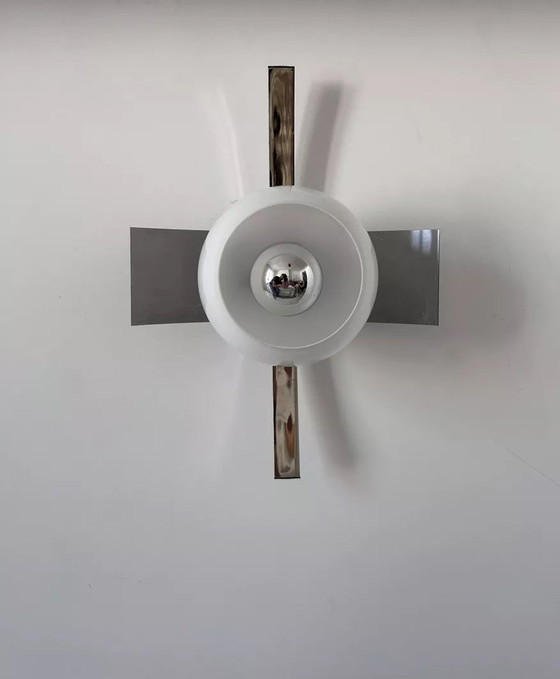 Image 1 of Vintage Wandleuchte, Gebürstetes Metall Chrom Und Opaline