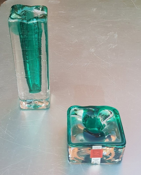 Image 1 of 2X Smaragdgrün und Klarglas Block Vase und Kerzenständer