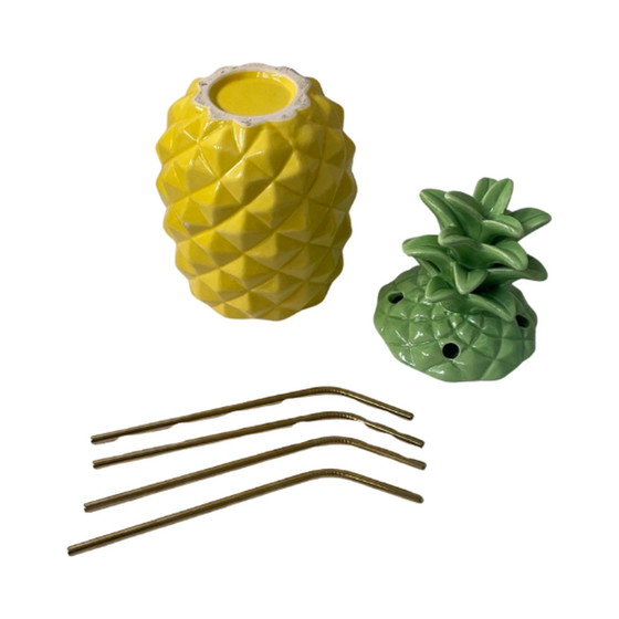 Image 1 of Vintage - Keramik Tiki Becher - Ananas Form - Inklusive 4 neue Messing Strohhalme