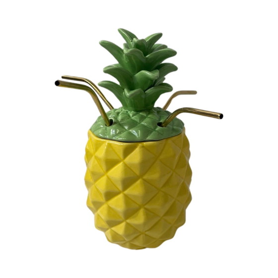 Image 1 of Vintage - Keramik Tiki Becher - Ananas Form - Inklusive 4 neue Messing Strohhalme