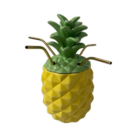 Image 1 of Vintage - Keramik Tiki Becher - Ananas Form - Inklusive 4 neue Messing Strohhalme