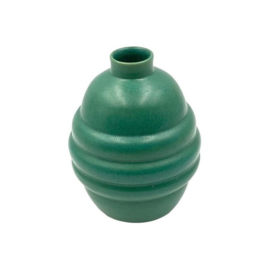 Image 1 of Türkisfarbene Steingutvase im Art-déco-Stil, Frankreich 1940
