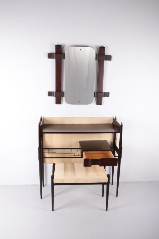 Vintage Wandschrank mit Spiegel und Hocker, 1950, Italien