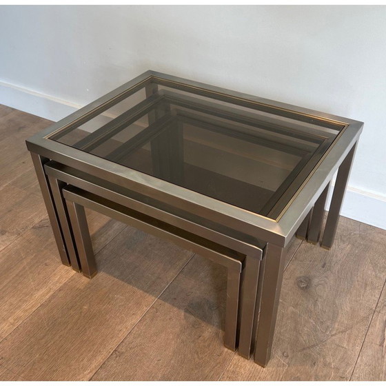 Image 1 of Vintage-Nesting-Tische aus gebürstetem Stahl und Messing, Frankreich 1970