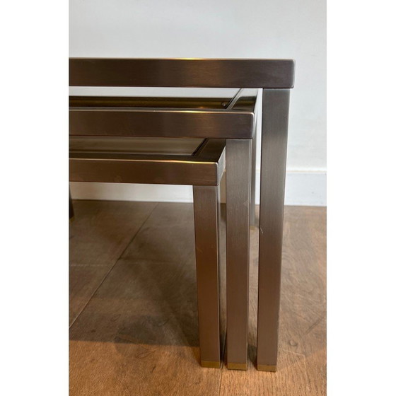 Image 1 of Vintage-Nesting-Tische aus gebürstetem Stahl und Messing, Frankreich 1970