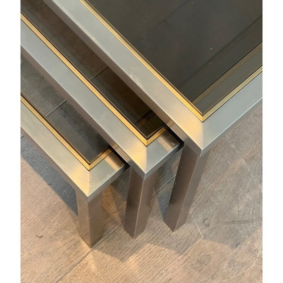 Image 1 of Vintage-Nesting-Tische aus gebürstetem Stahl und Messing, Frankreich 1970