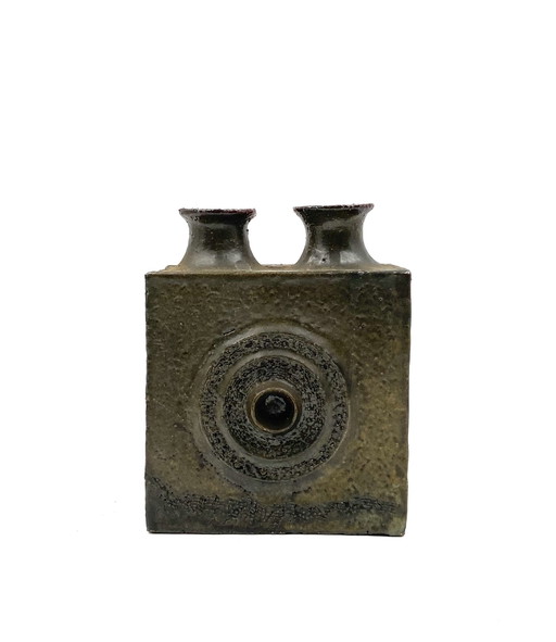 Dunkelgrüne brutalistische Keramikvase, Italien 1980er