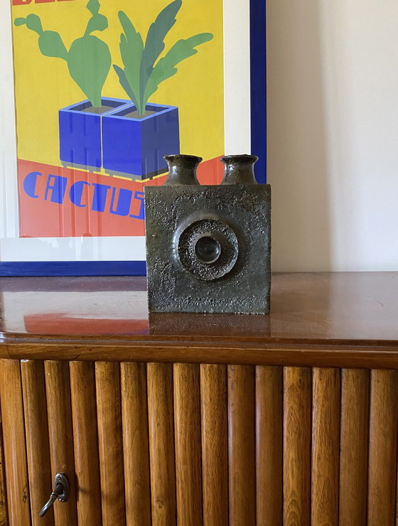 Image 1 of Dunkelgrüne brutalistische Keramikvase, Italien 1980er