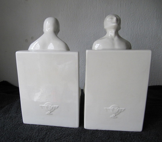 Image 1 of 2X Art Deco Buchstützen von Godefridus Boonekamp Schoonhoven Plateelbakkerij Jaren 30s,