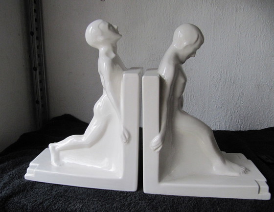 Image 1 of 2X Art Deco Buchstützen von Godefridus Boonekamp Schoonhoven Plateelbakkerij Jaren 30s,