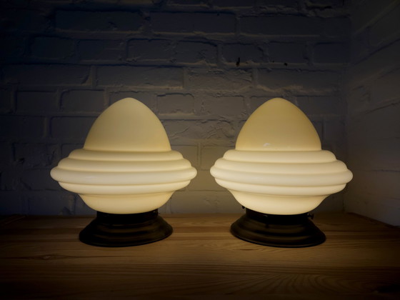 Image 1 of Satz von 2 Art Deco Pastellgelb Glas Deckenlampen