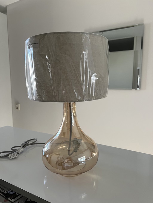 Torino Tischlampe Bernstein Glas Leinen