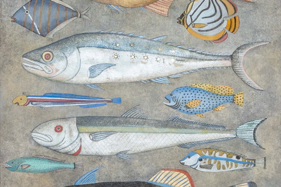 Image 1 of Gemalte Leinwand mit der Darstellung eines Fischbretts. Zeitgenössisches Werk.