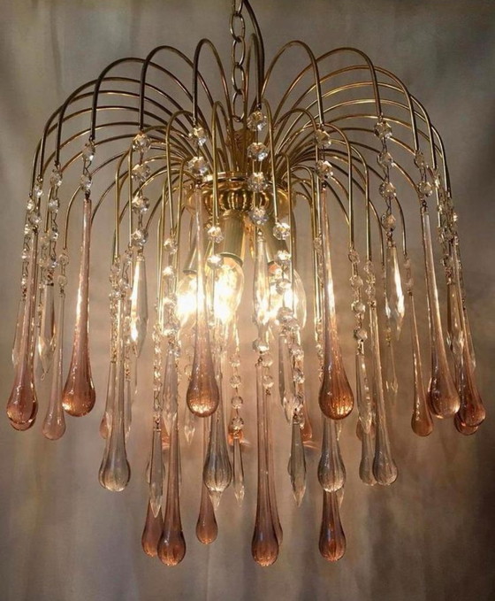 Image 1 of Vintage Kronleuchter Hängelampe rosa Hängeleuchten Teardrops