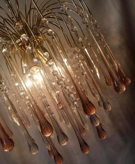 Image 1 of Vintage Kronleuchter Hängelampe rosa Hängeleuchten Teardrops