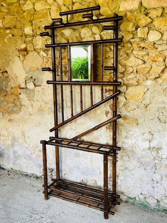 Image 1 of Vintage Bamboo Hall Stand mit abgeschrägten Spiegel, 1920er Jahre