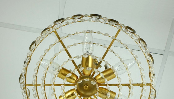 Image 1 of eleganter Pendelleuchter aus der mid century aus Palwa-Kristallglas und vergoldetem Messing
