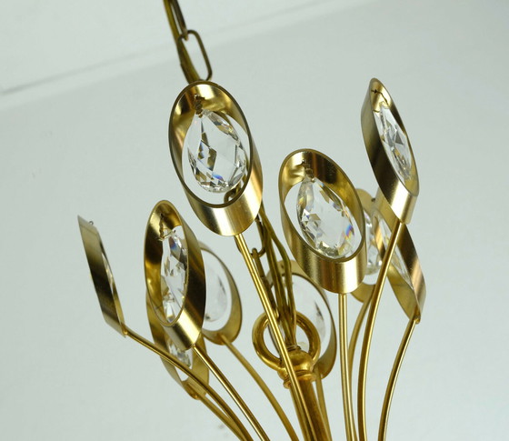 Image 1 of eleganter Pendelleuchter aus der mid century aus Palwa-Kristallglas und vergoldetem Messing
